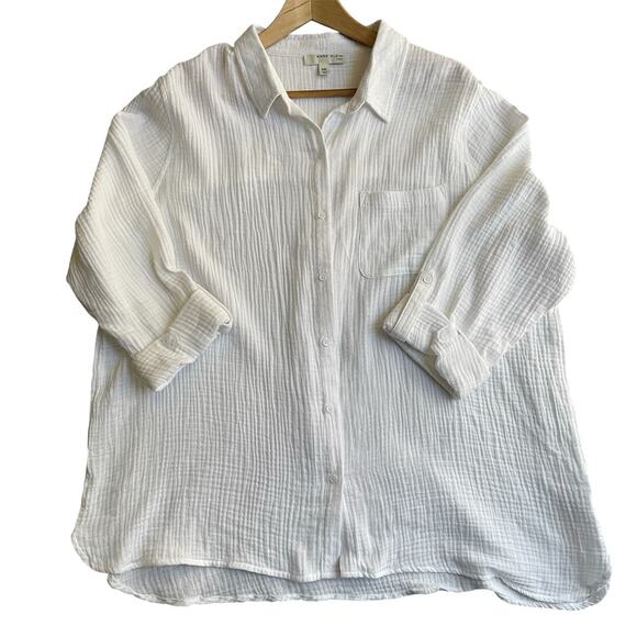 Anne Klein Jeans Gauze Roll Tab Sleeve Button Down Shirt Size XXL Coastal - Picture 1 of 6